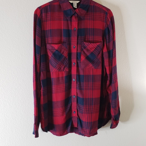 Forever 21 Red Plaid Button Up Top - Picture 1 of 5